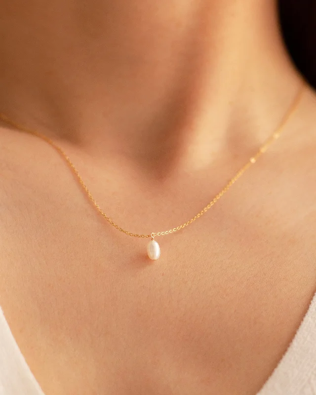 Women engraved pendant necklaces -Mini Oval Pearl Drop Necklace