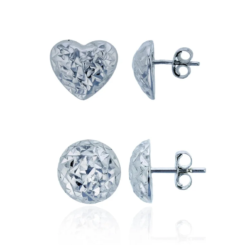 Women dangling pearl earrings -Sterling Silver 10MM Diamond-cut Heart Stud 2-Pair Set Earrings