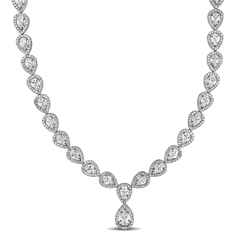 Women crystal-encrusted necklaces -Halo Pear-Cut 38ct TW Cubic Zirconia Vintage Y Tennis Necklace in Sterling Silver by Miadora - 18 in x 9 mm x 4 mm