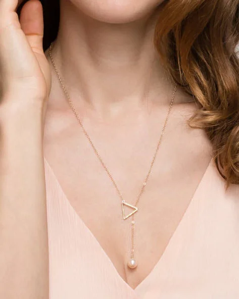 Women heart-shaped pendant necklaces -Triangle lariat necklace with Pearl