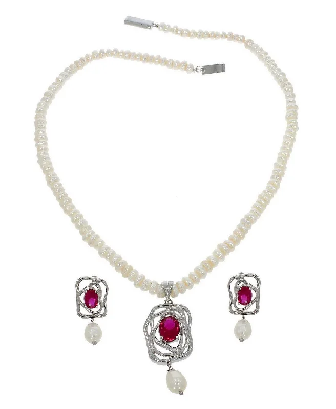 Women gemstone and pearl necklaces -Sterling Stone Studded Pearl Necklace Set