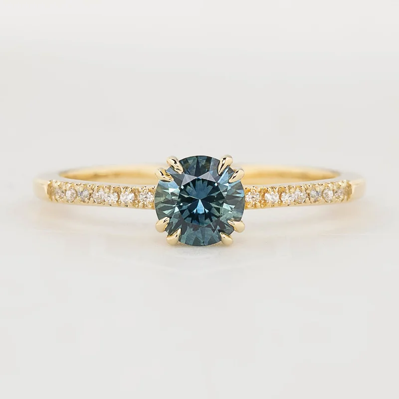 Women elegant cuff engagement rings -Sabrina Ring 0.71ct Blue Green Round Montana Sapphire, 14k yellow gold (One of a kind)