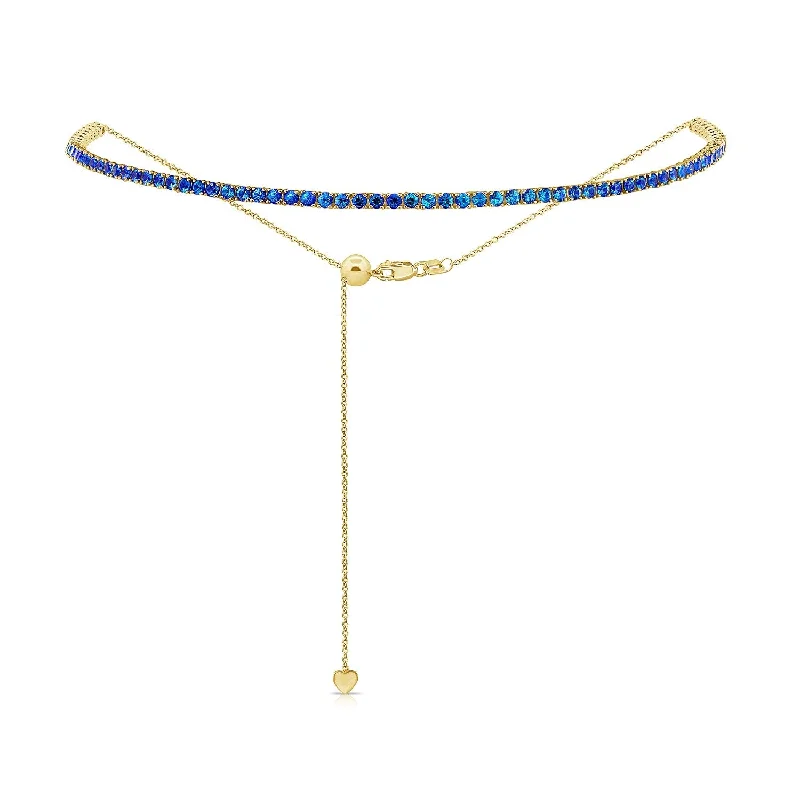 Women beaded necklaces -Joelle Blue Sapphire 4ct Line Choker Tennis Necklace 14K Yellow Gold Adjustable