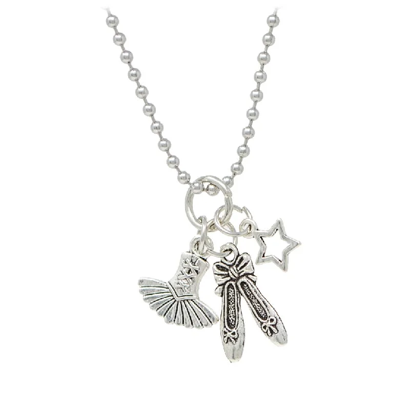 Women everyday necklaces -Ballet Slippers, Tutu & Star Silver Charm Necklace