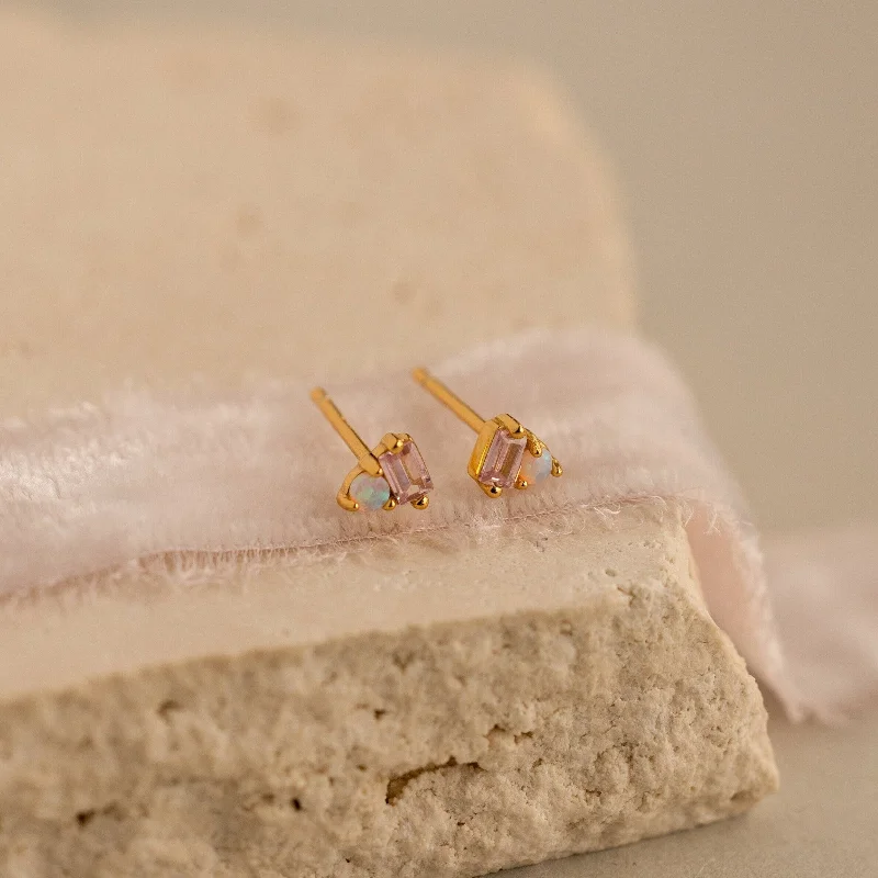 Women crystal earrings -Pink Baguette Opal Studs