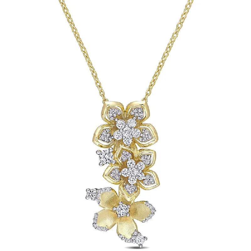 Diamond necklaces for women -Miadora Yellow Plated Sterling Silver White Sapphire and 1/5ct TDW Diamond Triple Flower Dangle Necklace