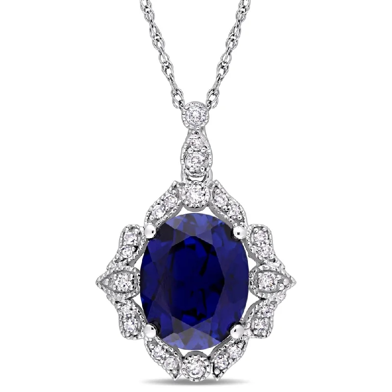 Women simple necklaces -Miadora 10k White Gold Created Blue Sapphire & 1/6ct Diamond Oval Halo Vintage Necklace