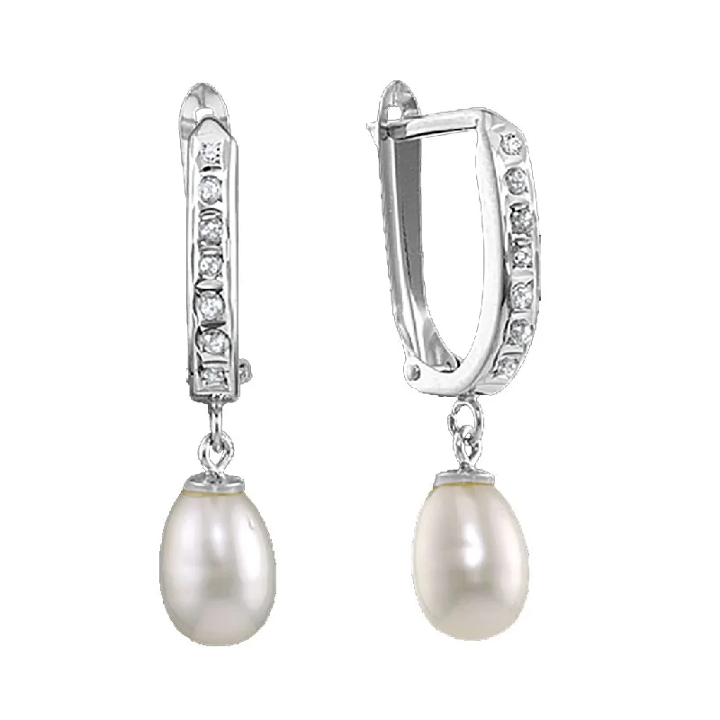 Women personalized earrings -Diamond Fascination 14KT White Gold Pearl Diamond Accent Drop & Dangle Earrings