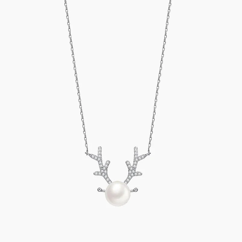 Women charm and gemstone necklaces -Antlers Pearl 925 Silver Necklace Clavicle Chain