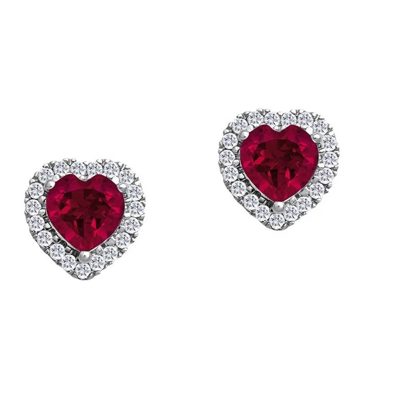 Women chunky earrings -5MM Heart Shape Ruby and White Sapphire Birthstone Halo Stud Earrings in 10KT White Gold