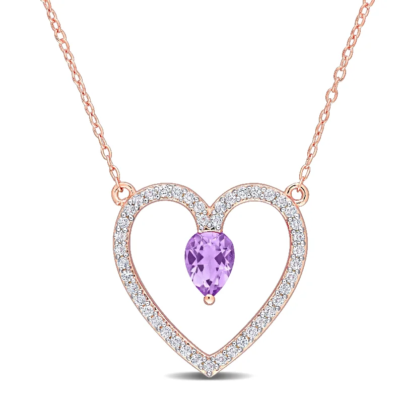 Women charm necklaces -Miadora Pear-cut Amethyst and White Topaz Heart Station Necklace in Rose plated sterling silver