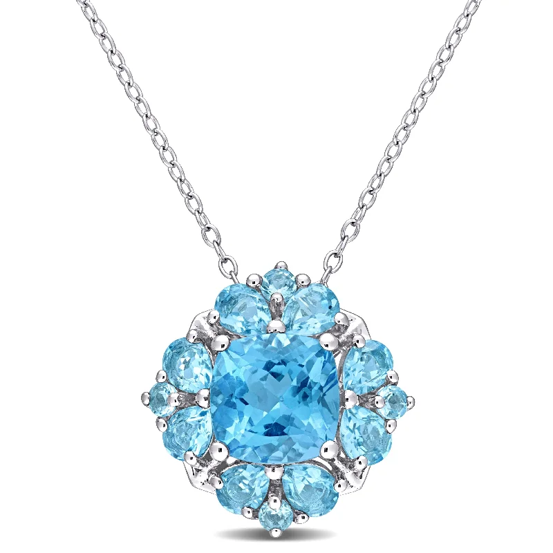 Women gemstone necklaces -Miadora Sterling Silver Swiss-Blue Topaz Halo Floral Necklace