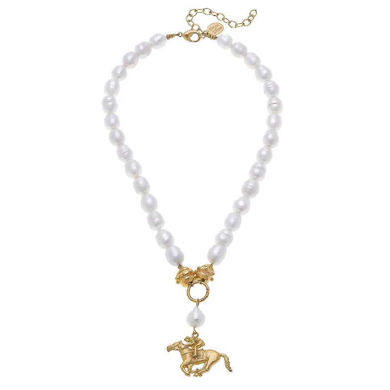 Women gemstone studded necklaces -Racehorse Pendant Pearl Necklace