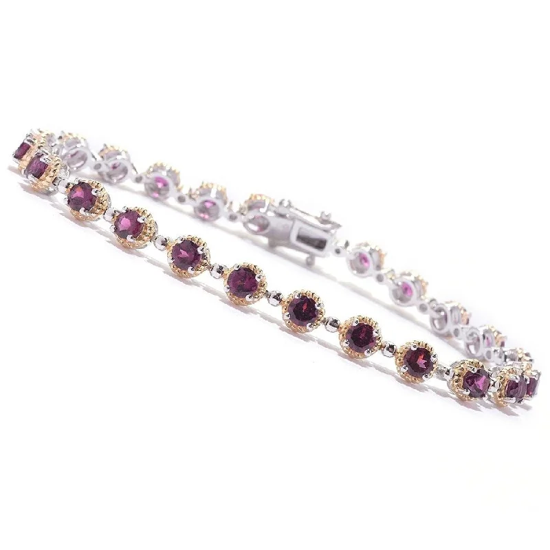 Women birthstone bangles and bracelets -Two-tone Sterling Silver 7.5" Round Rhodolite Line Bracelet