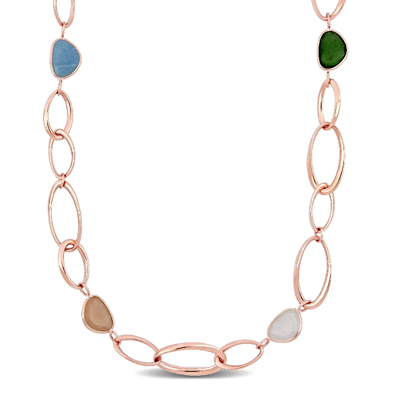 Women engraved necklaces -Miadora 18k Rose Gold 12ct TGW Multi-color Chalcedony and Oval Link Necklace