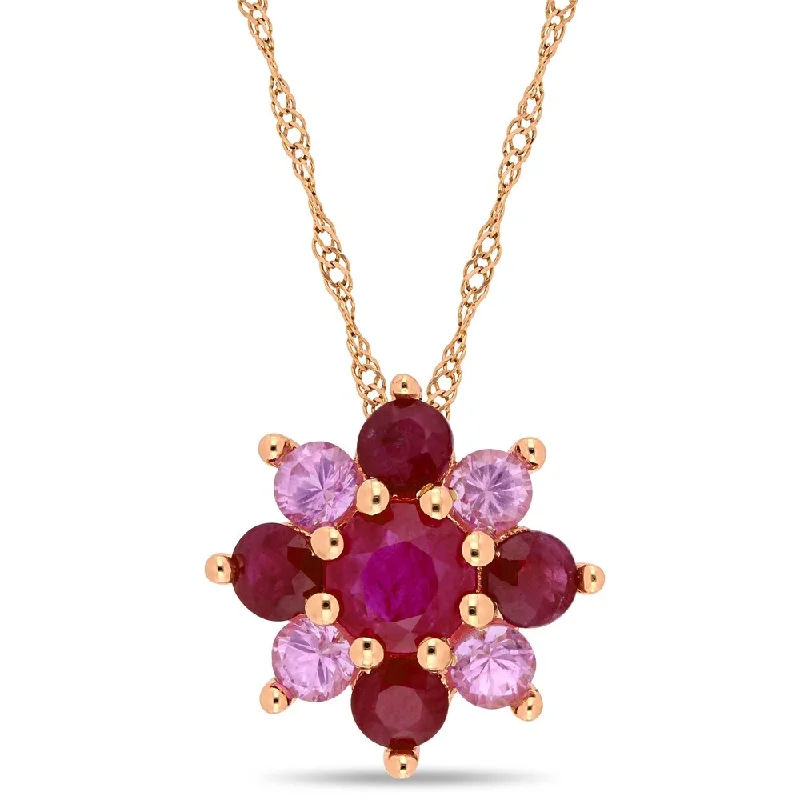 Women simple necklaces -Miadora 14k Rose Gold Ruby and Pink Sapphire Cluster Flower Necklace