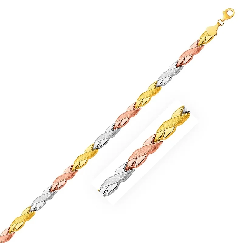 Custom bangles and bracelets for women -14k Tri-Color Gold Shiny and Textured X Link Bracelet