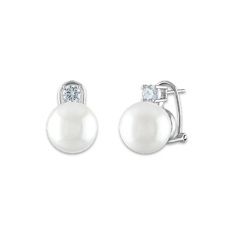 Women sparkly earrings -12MM Round Shell Pearl and Cubic Zirconia Earrings in Sterling Silver