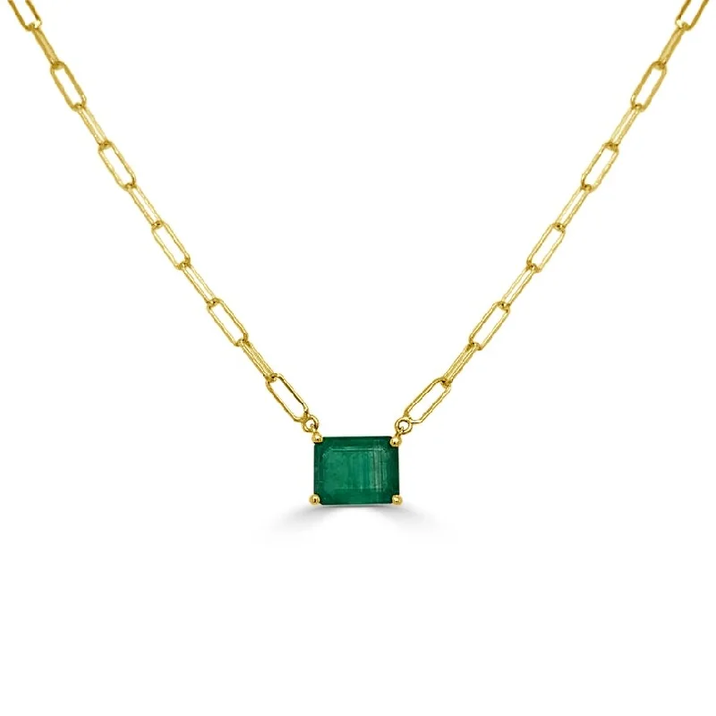 Women short necklaces -Joelle Green Emerald Emerald-Cut Necklace 14K Yellow Gold Paperclip Link Chain 16-inch