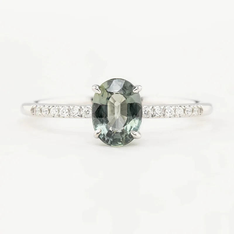 Women engraved engagement rings -Audrey Ring - 1.01ct Light Green Unheated Sapphire, 14k White Gold (One of a kind)