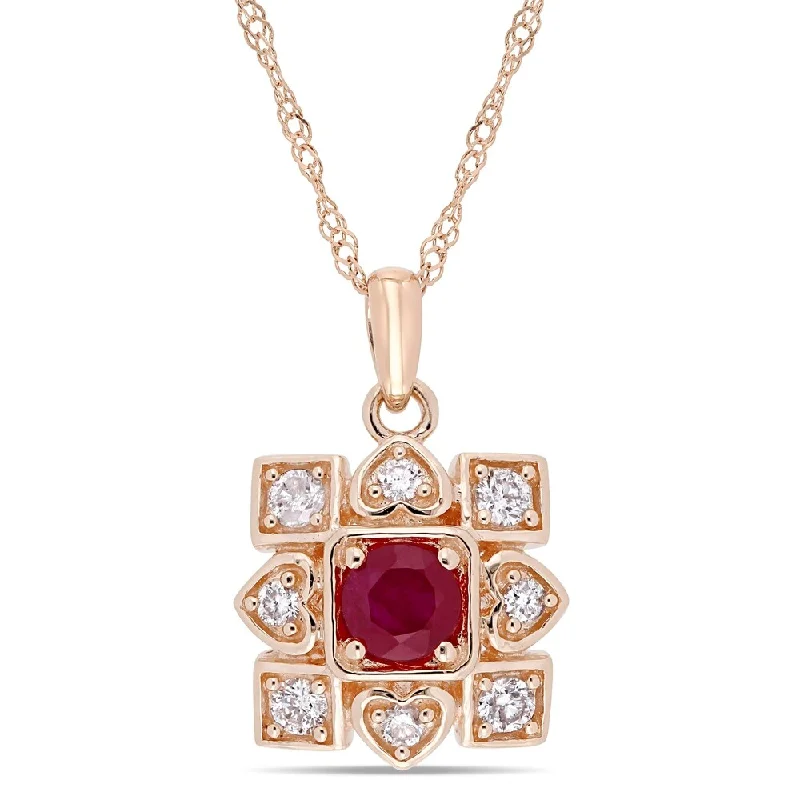 Women double-strand necklaces -Miadora Signature Collection 10k Rose Gold Ruby and 1/5ct TDW Diamond Clustered Square Halo Artisanal Necklace