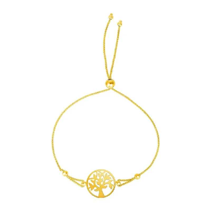 Women simple bangles -14k Yellow Gold Adjustable Bracelet with Tree of Life Symbol