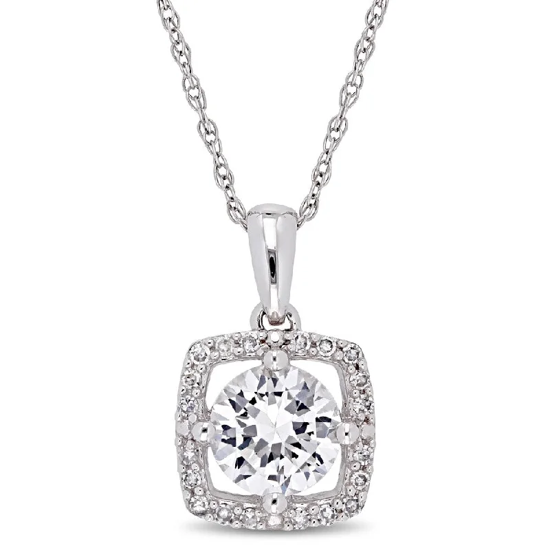 Women everyday necklaces -Miadora 10k White Gold Created White Sapphire and 1/10ct TDW Diamond Floating Square Halo Dangle Necklace