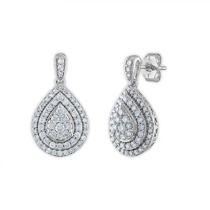 Women classic stud earrings -Red Hot Deal  3/4 CTW Diamond Drop & Dangle Cluster Double Halo Pear Shape Earrings in 10KT White Gold