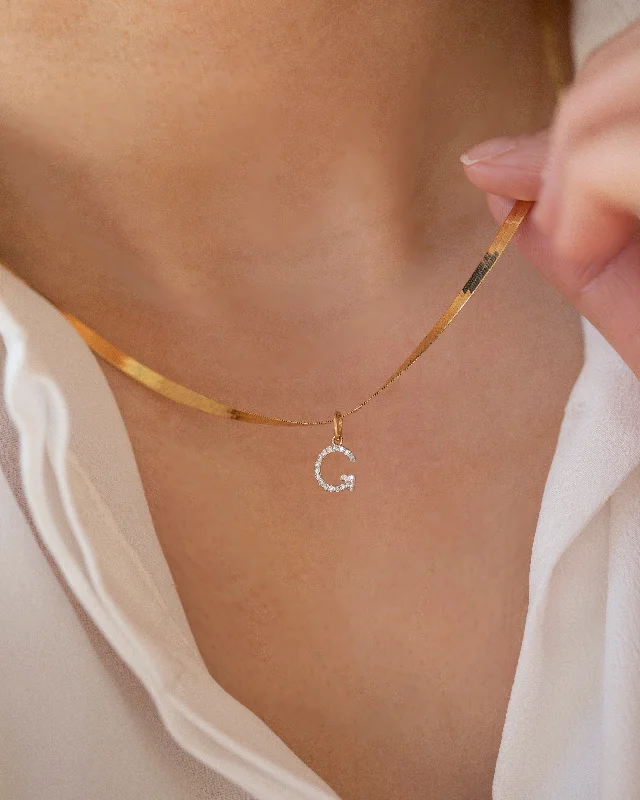 Women everyday necklaces -Genuine Diamond Initial on 14k Herringbone Chain Necklace