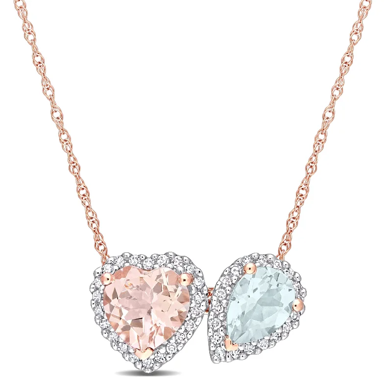 Women bohemian charm necklaces -Miadora Morganite Aquamarine 1/5ct TDW Diamond Heart and Teardrop Halo Necklace10k Rose Gold