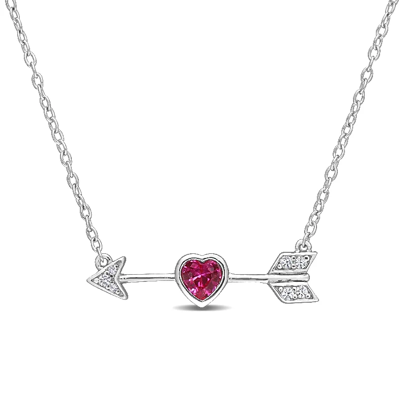 Women luxury necklaces -Miadora Heart Created Ruby, White Sapphire & Diamond Accent Arrow Bar Necklace in Sterling Silver