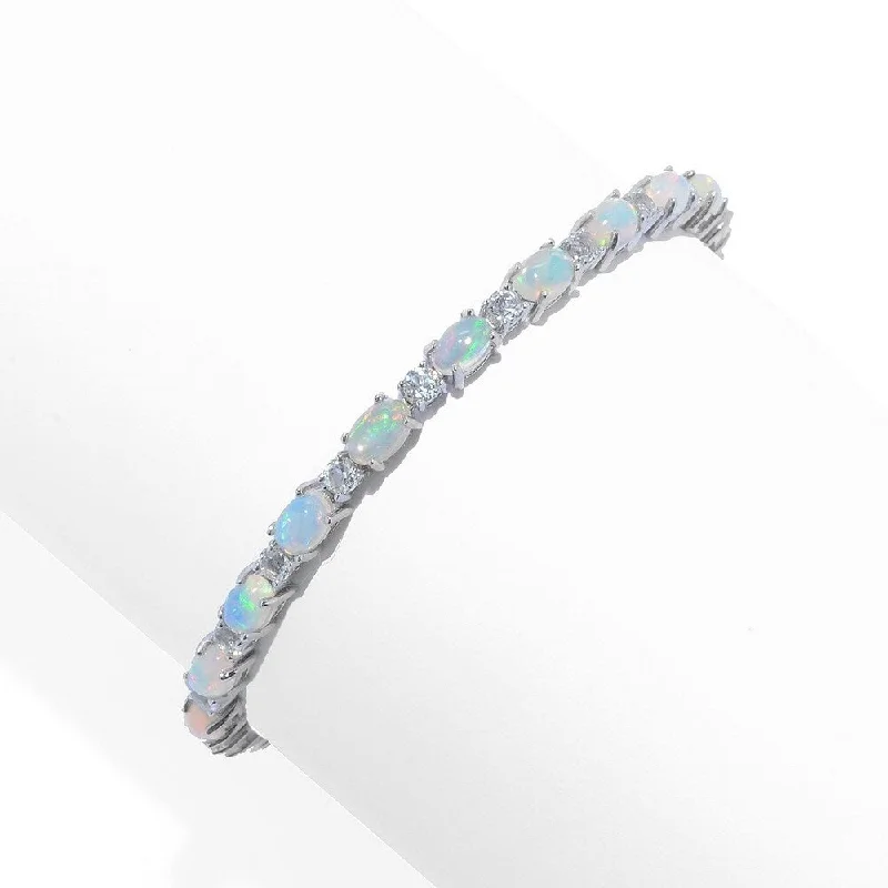 Women stackable silver bangles and bracelets -Sterling Silver 7.25" Ethiopian Opal & White Topaz Line Bracelet