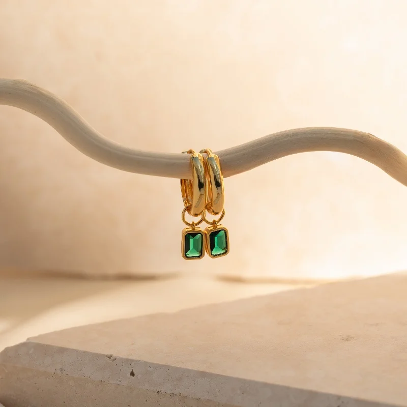 Women rose gold earrings -Dangling Emerald Birthstone Hoops