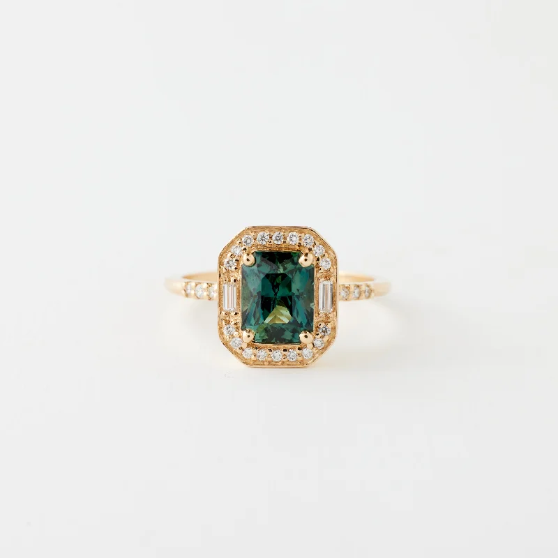 Women silver engagement rings -Athena Ring - 1.86 Carat Green-Teal Radiant Sapphire