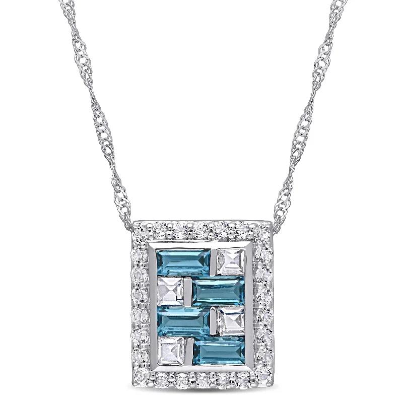 Women elegant necklaces -Miadora 10k White Gold London-Blue Topaz and White Topaz Mosaic Square Halo Necklace - 11.9 mm x 17 inch x 10 mm