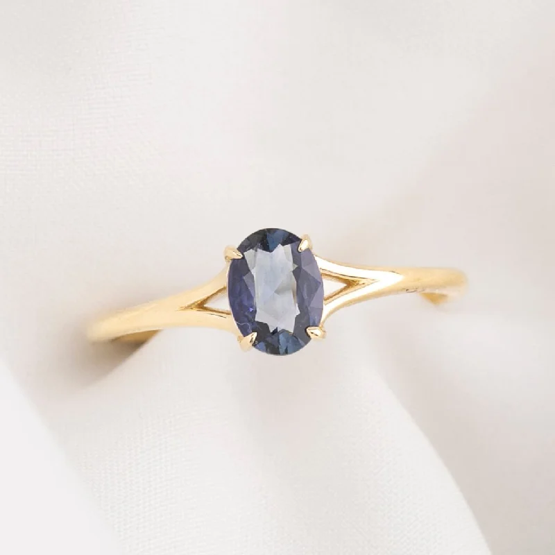 Women modern cuff engagement rings -Kylie Ring 0.53ct Blue Madagascar Sapphire, 14k Yellow Gold (One of a kind)