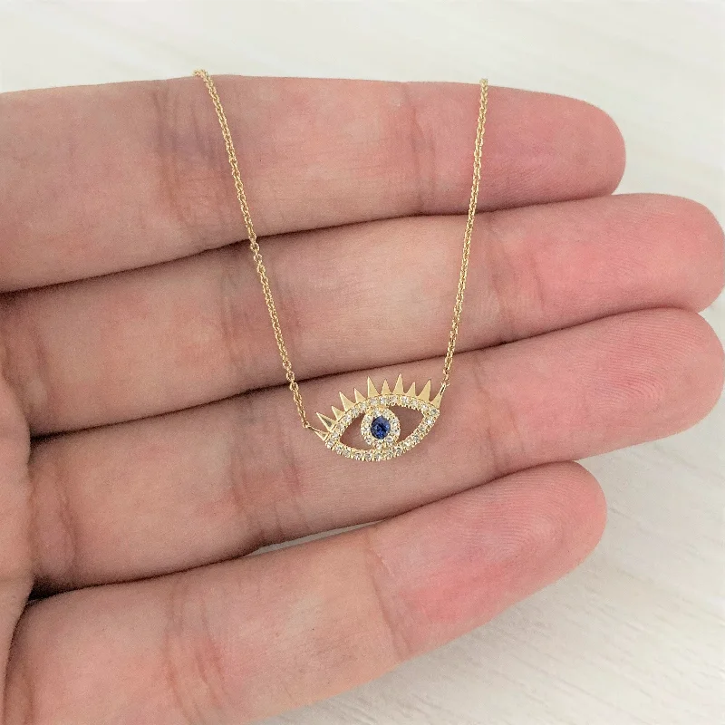 Women chunky necklaces -Joelle Evil Eye Neckalce Sapphire & Diamond 14K Yellow Gold Necklace