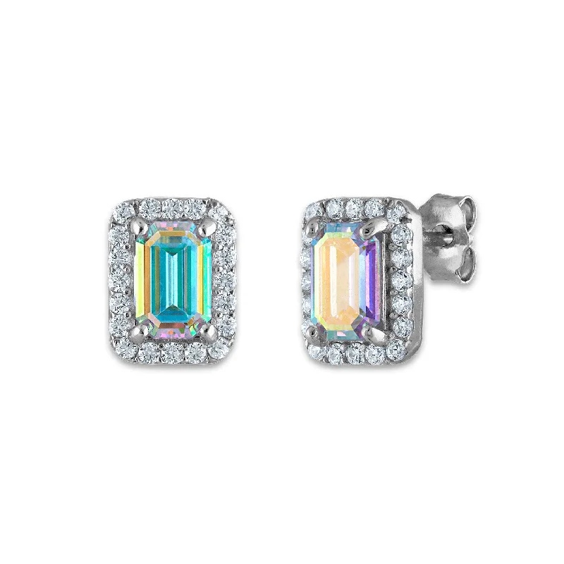 Women trendy earrings -Sterling Silver 8X6MM Emerald Shape Cubic Zirconia Halo Stud Earrings