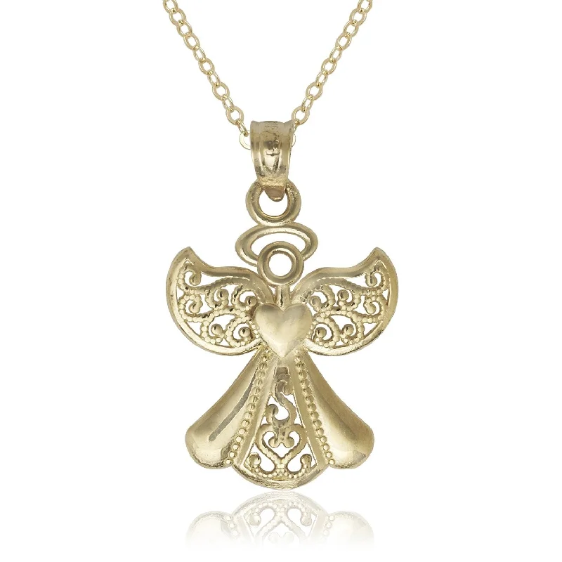 Women classic diamond necklaces -Curata 14k Yellow Gold 18" Filigree Angel Pendant Necklace - 18mmx28mm