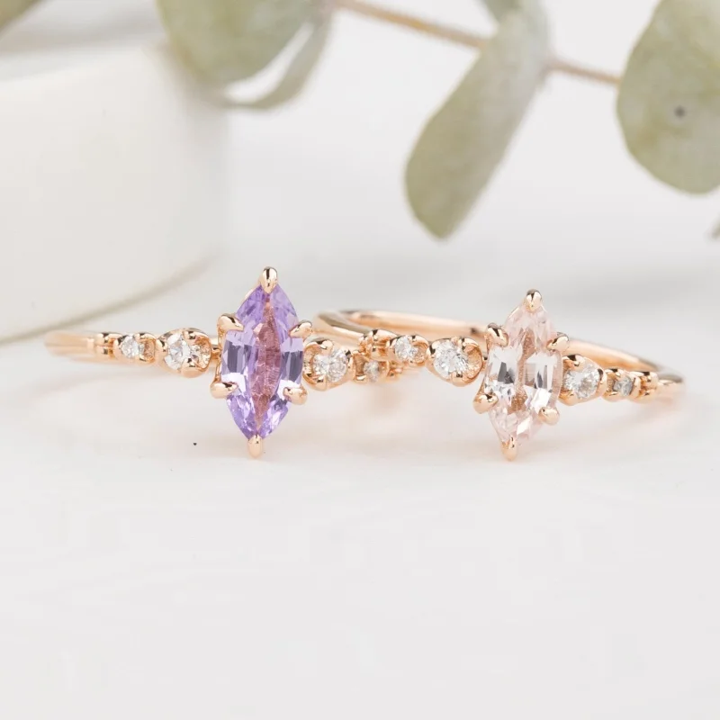 Women stackable silver engagement rings -Estel Fleur Ring, Pink Purple Sapphire, 14K Rose Gold (One of a kind)