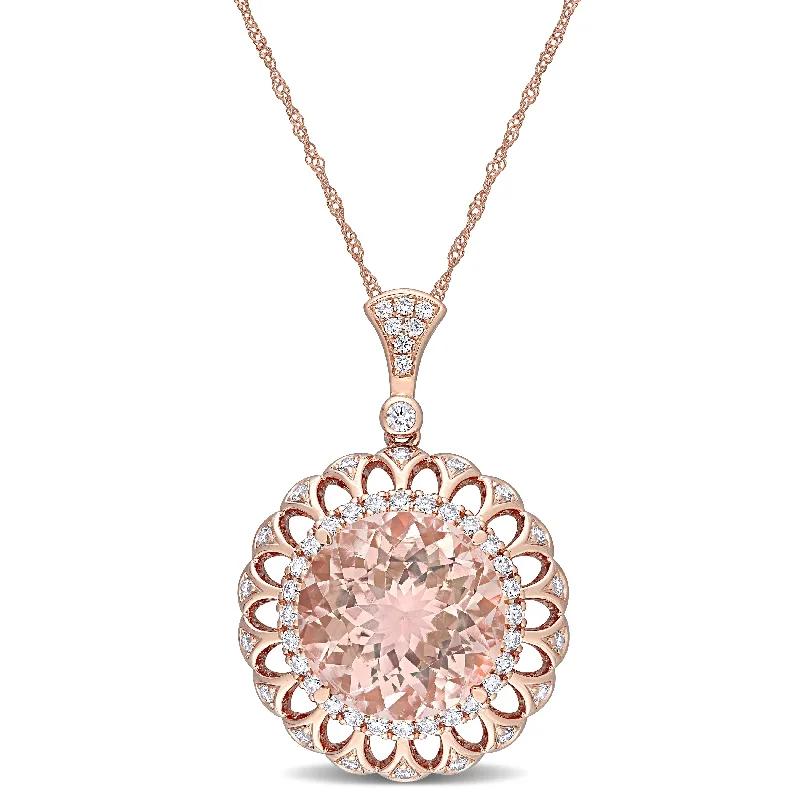 Women luxury chain necklaces -Miadora 14k Rose Gold Morganite and 3/4ct TDW Diamond Medallion Floral Halo Necklace - 33.5 mm x 17 inch x 22.9 mm