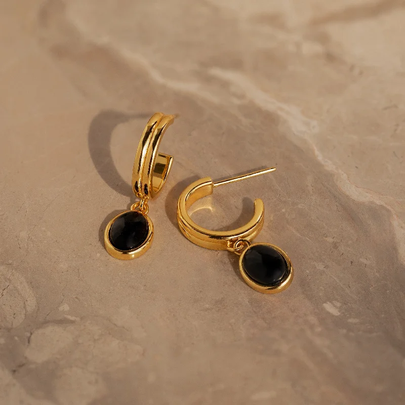 Women floral stud earrings -Black Gemstone Drop Hoops