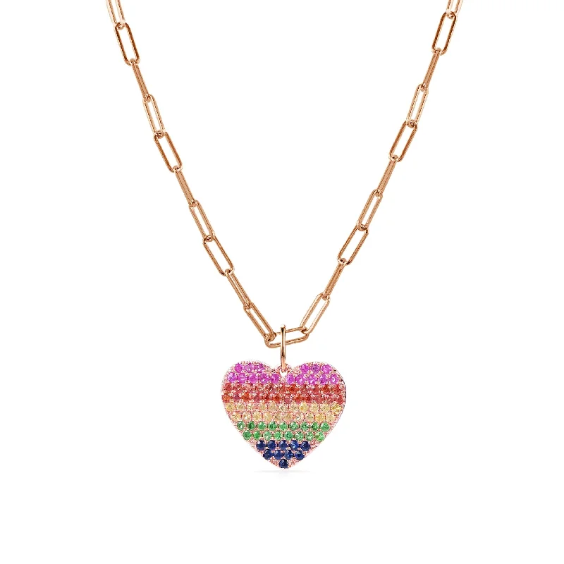 Women bohemian charm necklaces -Joelle Rainbow Sapphire Heart Necklace 14K Rose Gold on 18" Paperclip Chain