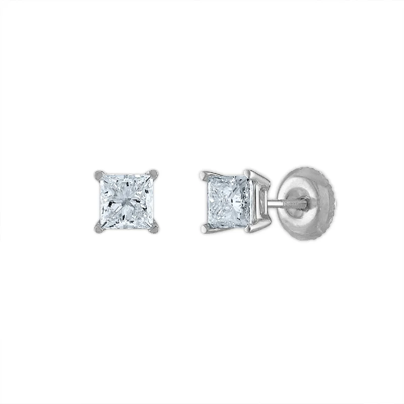 Women sparkly earrings -Signature Certificate EcoLove 1 CTW Princess Cut Lab Grown Diamond Solitaire Stud Earrings in 14KT White Gold