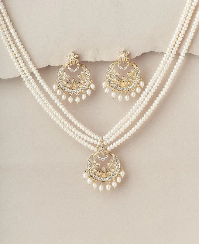 Women layered gold necklaces -Traditional Real Pearl Necklace Set