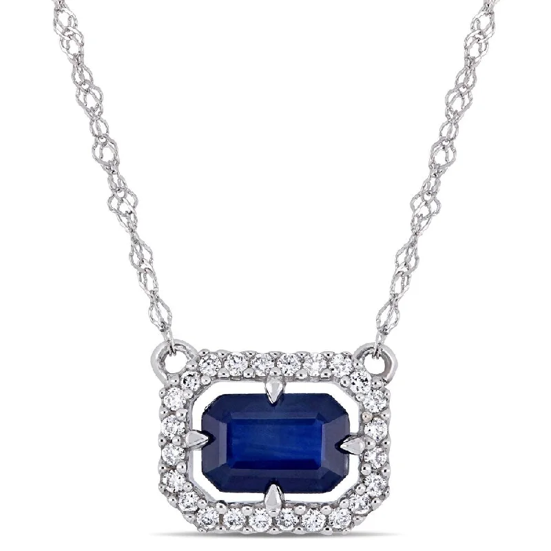 Women personalized diamond necklaces -Miadora 14k White Gold Octagon Sapphire and 1/10ct TDW Diamond Halo Station Necklace