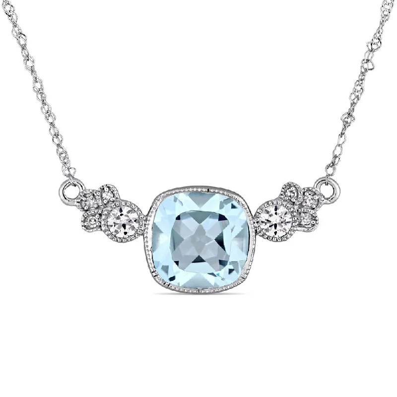 Women oval pendant necklaces -Miadora 10k White Gold Sky Blue Topaz Created White Sapphire and Diamond Station Necklace