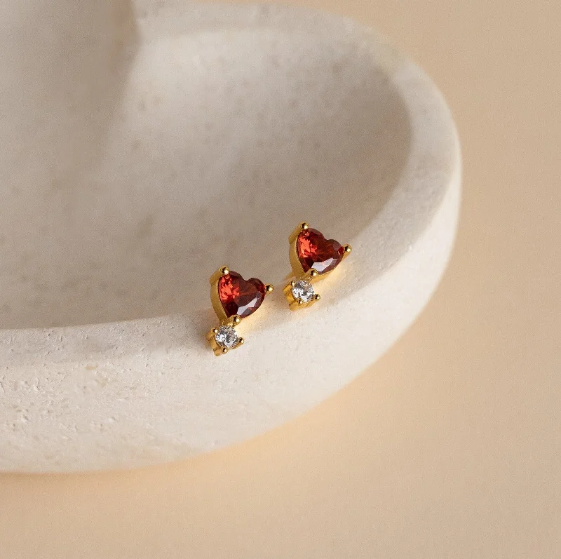 Women classic stud earrings -Garnet Heart Studs