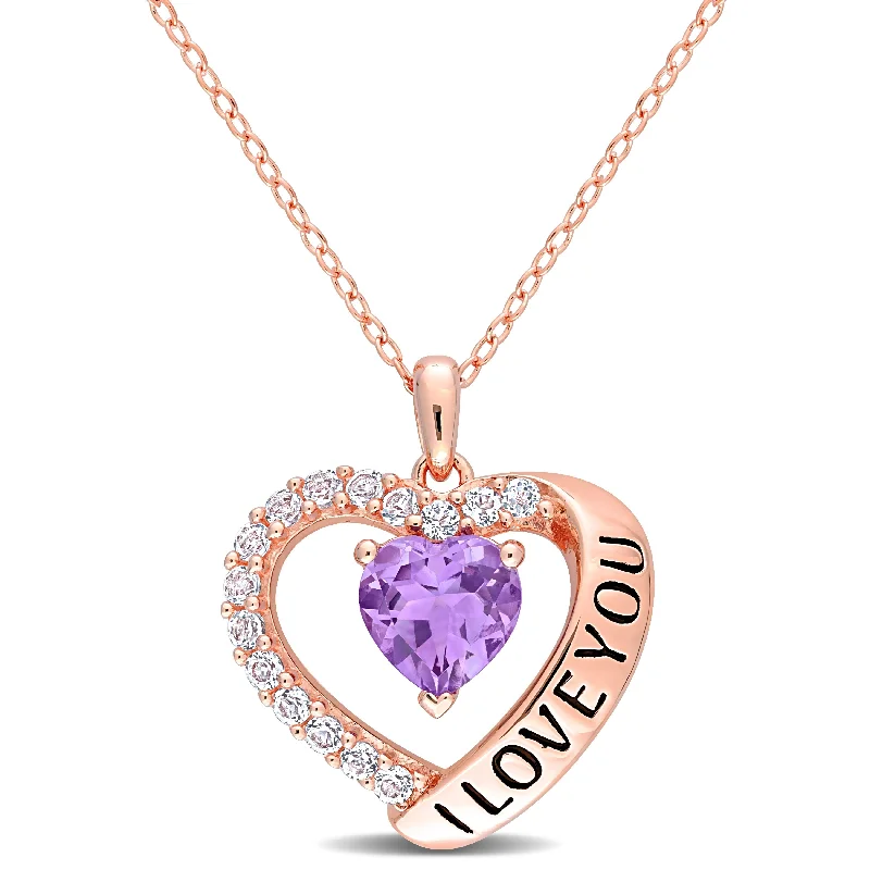 Women birthstone necklaces -Miadora Amethyst & White Topaz "I Love You" Heart Halo Necklace in Rose Plated Sterling Silver