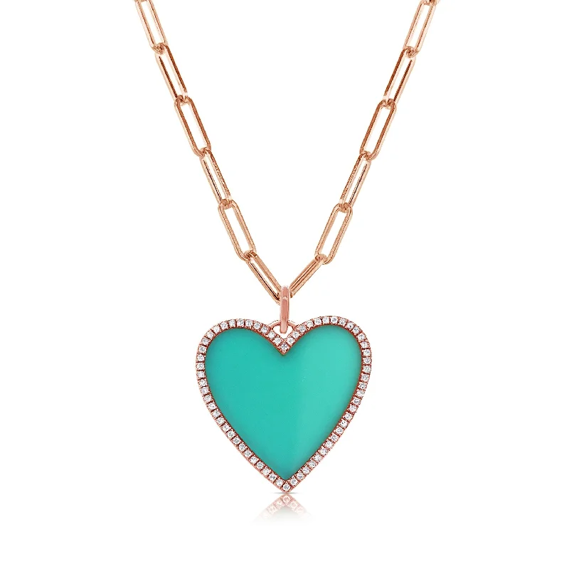 Women adjustable necklaces -Joelle Turquoise & Diamond Heart Necklace 14K Rose Gold 16-inch -18-inch